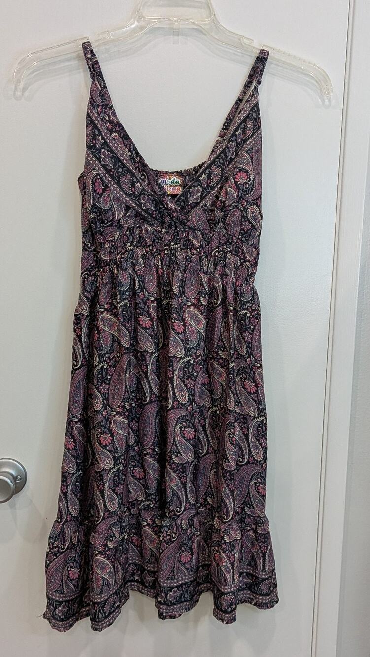 Moda Ibizaa Art Silk Paisley Mini Dress Boho Festival Smocked Strappy Small